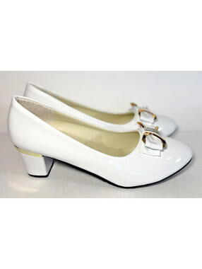 MING KE Heel Pumps Slip on Gold Bow Rhinestone Shoes White